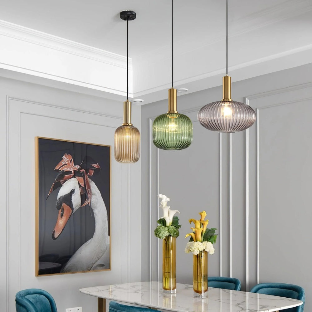 Ribbed Stained Glass Pendant Lamp – Retro Lantern Shape Hanging Light