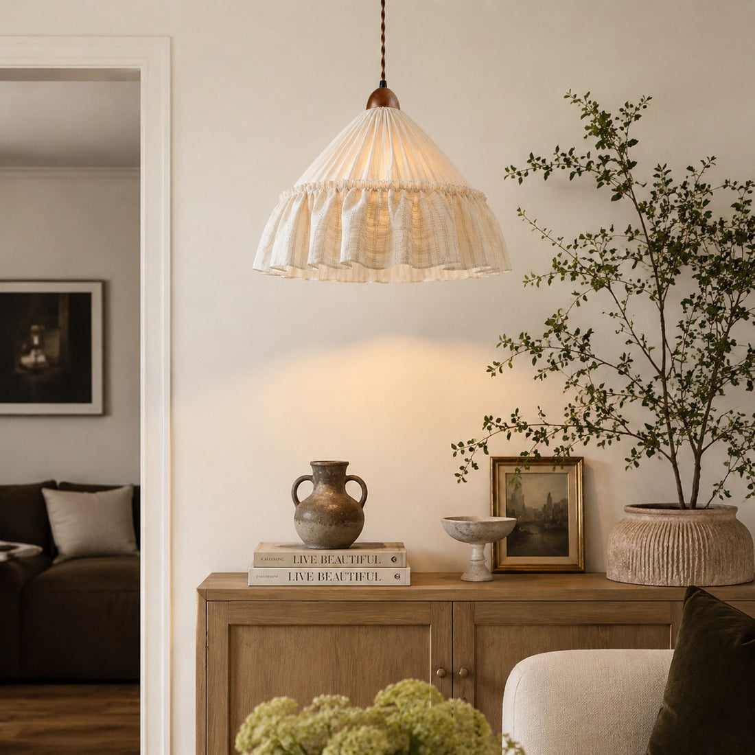 French Country Ruffled Fabric Pendant Light