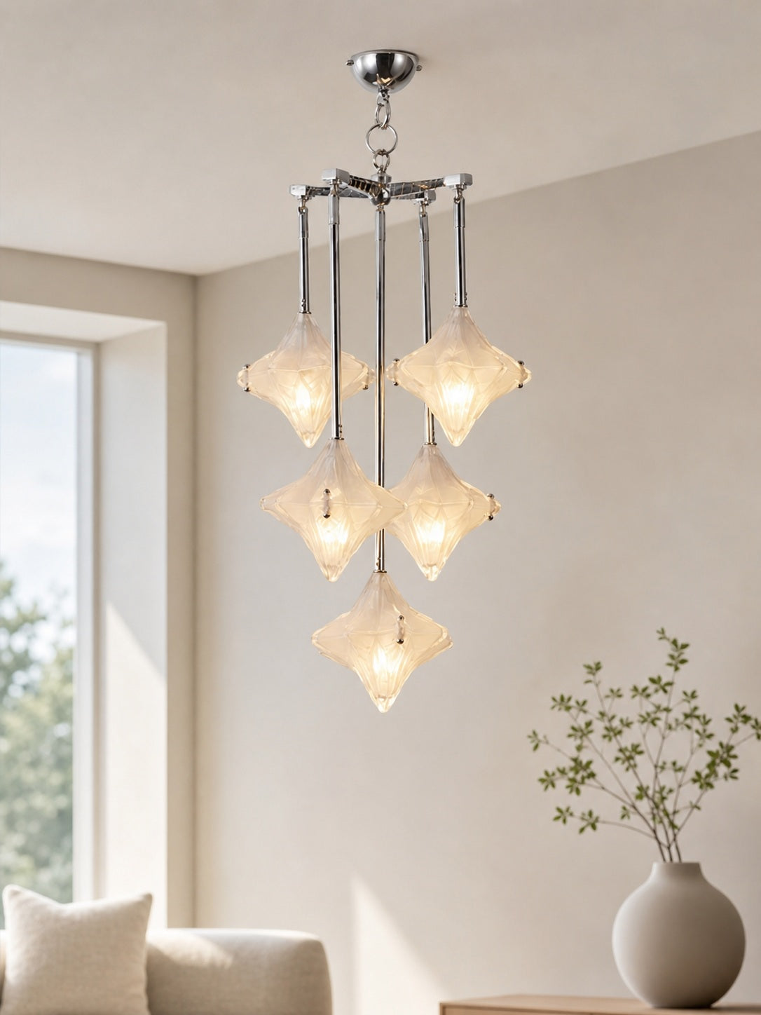 Art Deco Astris Star Chandelier – Frosted Glass Deco Fixture for Dining Room