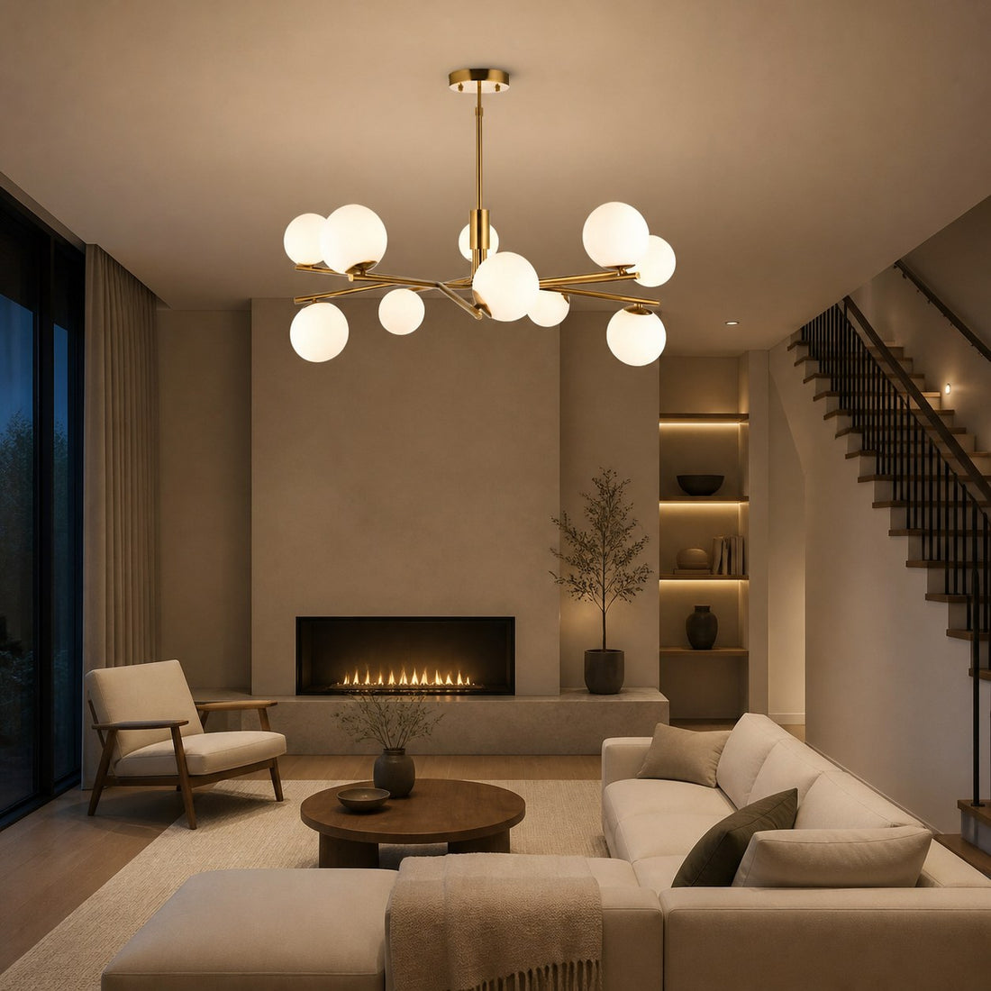 Tivara Mid-Century Modern 10-Light Pendant – Chandelier with Globe Shades for High Ceilings