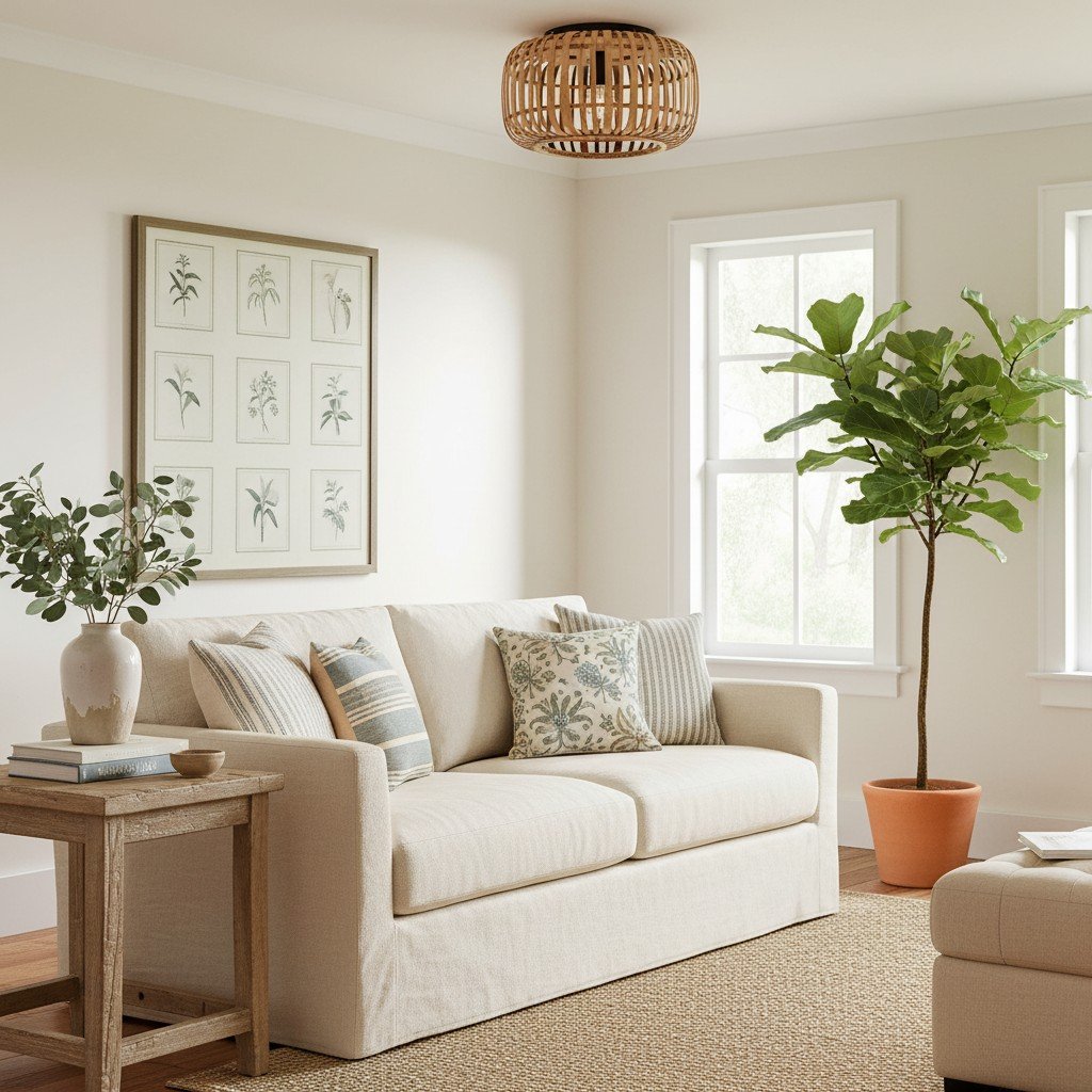 Yumeko Natural Bamboo Flush Ceiling Light - Organic Cage Design Sustainable for Living Room