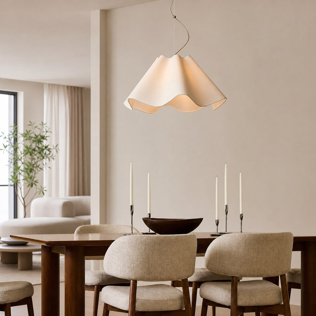 Oslan Ivory Linen Pendant Light - Scalloped Shade Modern Ceiling Lamp