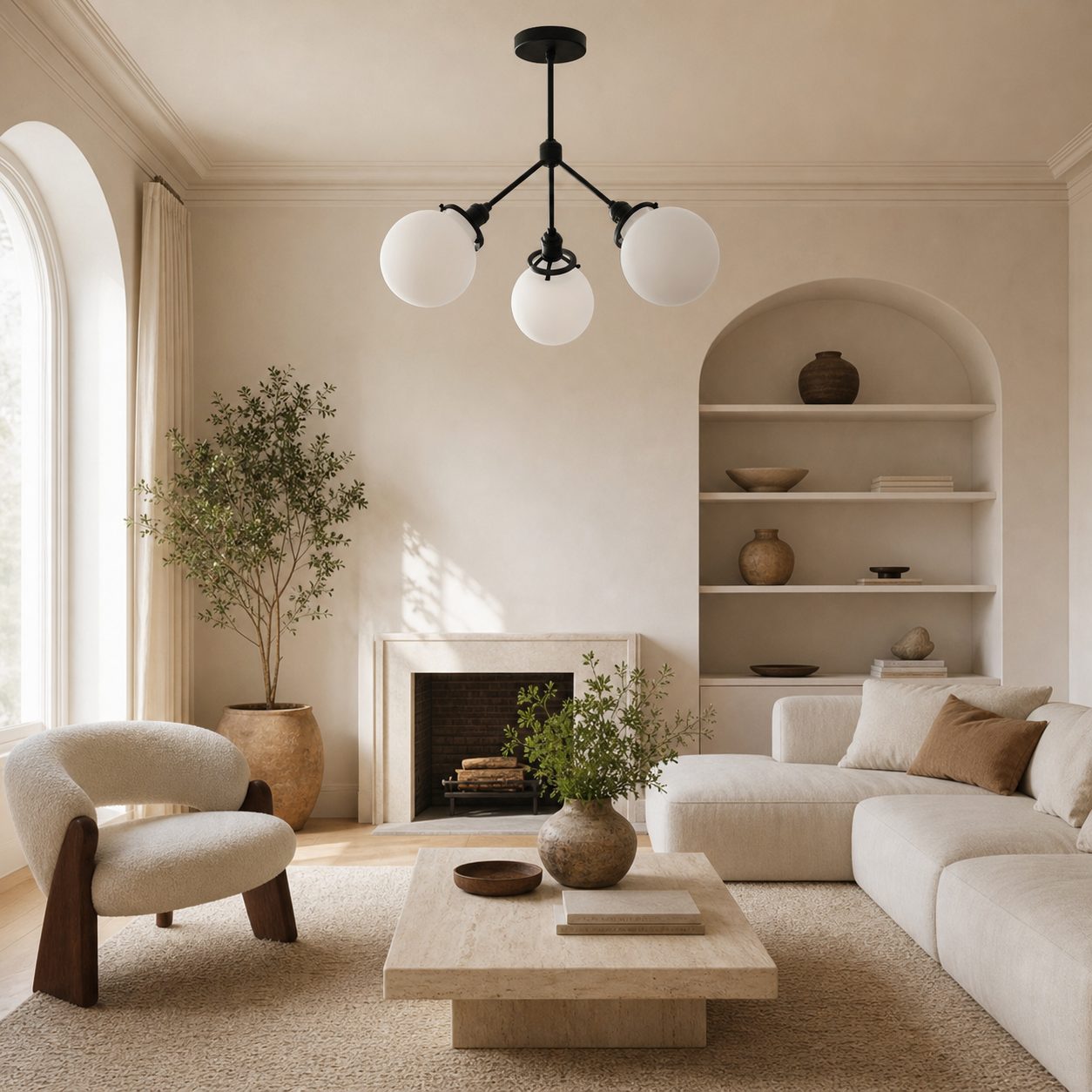 Glorica Glass Chandelier - Brass Globe Ceiling Light with Opal Shade