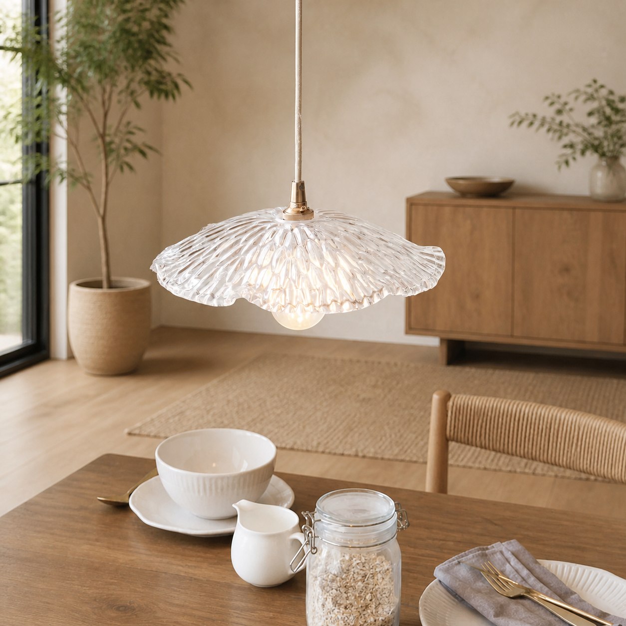Floriaxis Floral Glass Pendant Light — Floral Glass Shade with Braided Cable for Kitchen or Dining