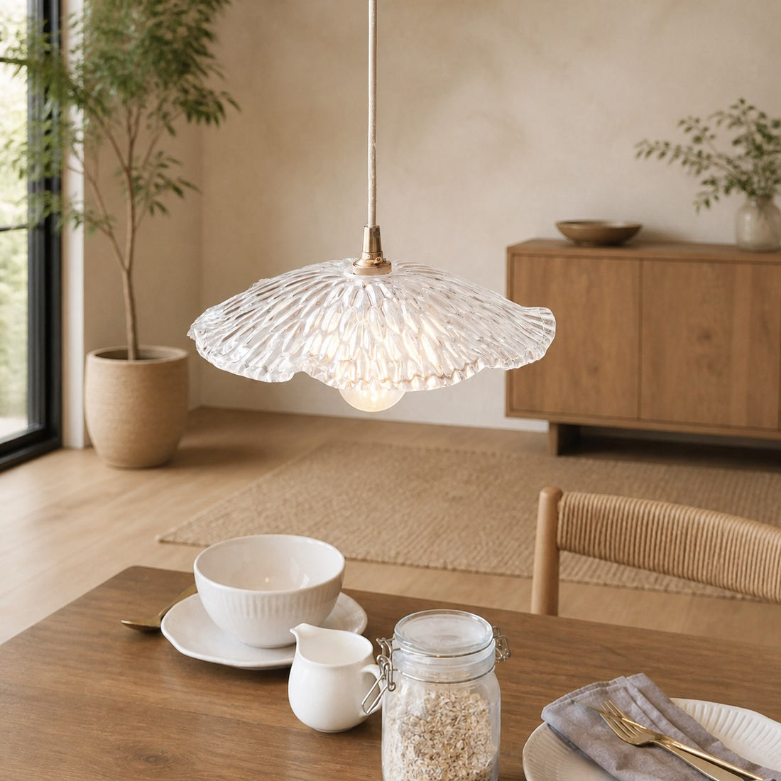 Floriaxis Floral Glass Pendant Light — Floral Glass Shade with Braided Cable for Kitchen or Dining