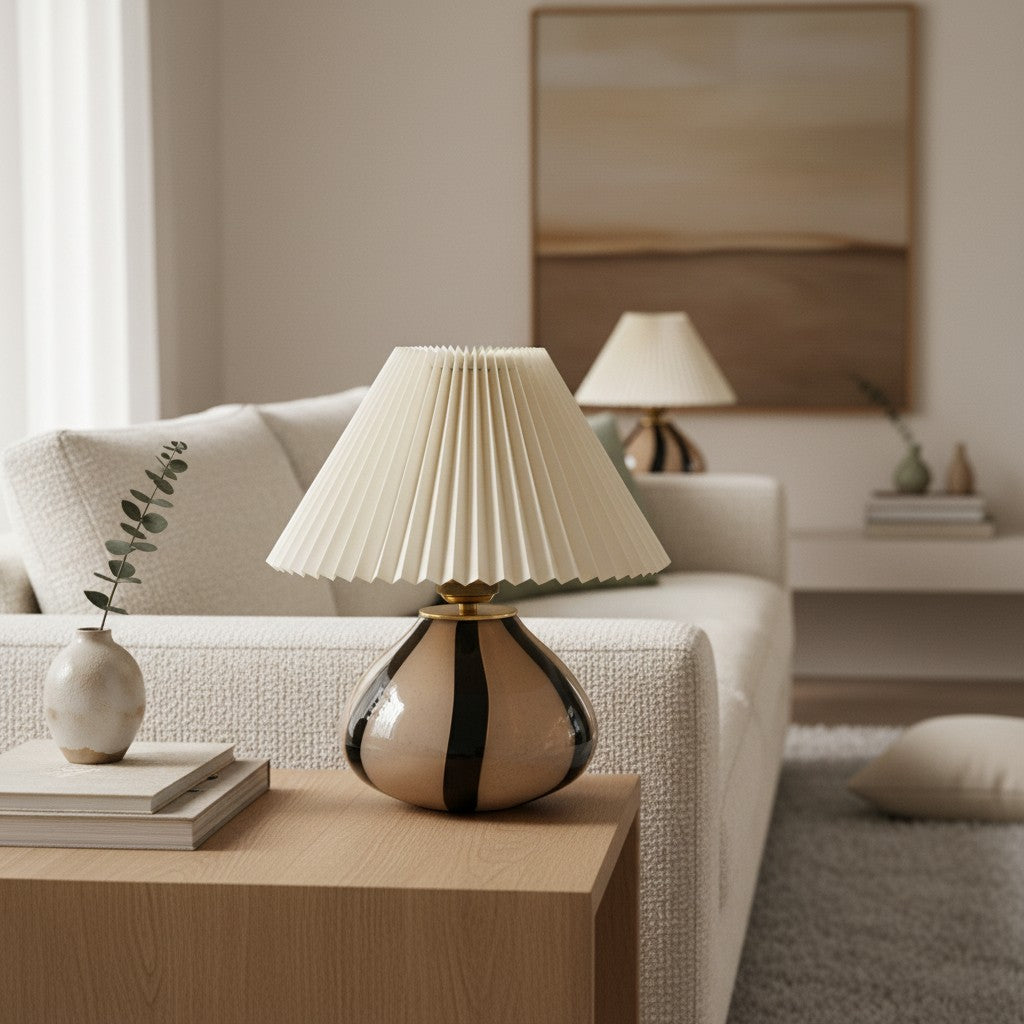 Undara Table Lamp - Pleated Fabric Shade Glass-Base Decorative Lamp for Living Room