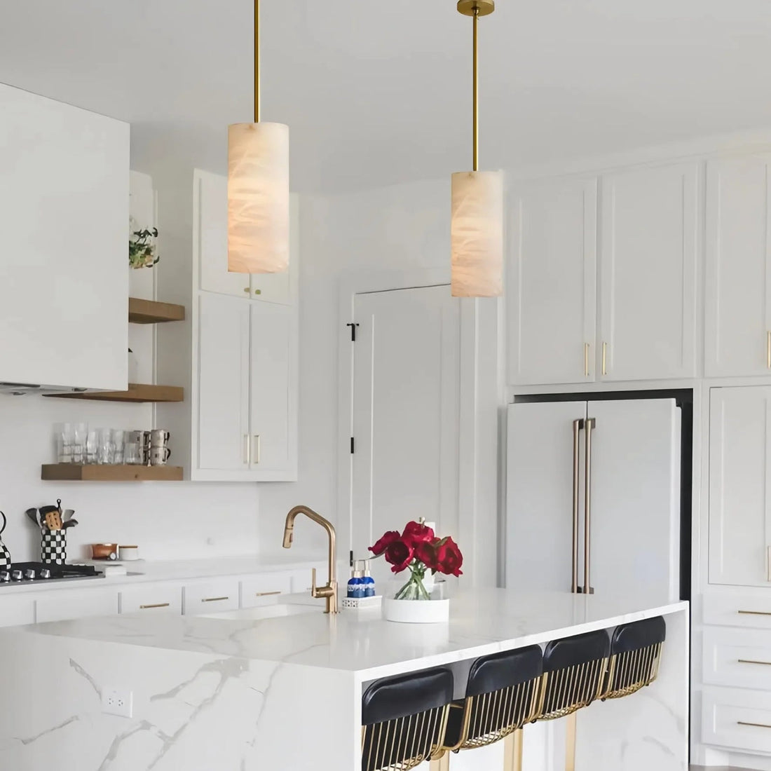 Hand Carved Alabaster Cylinder Pendant Light