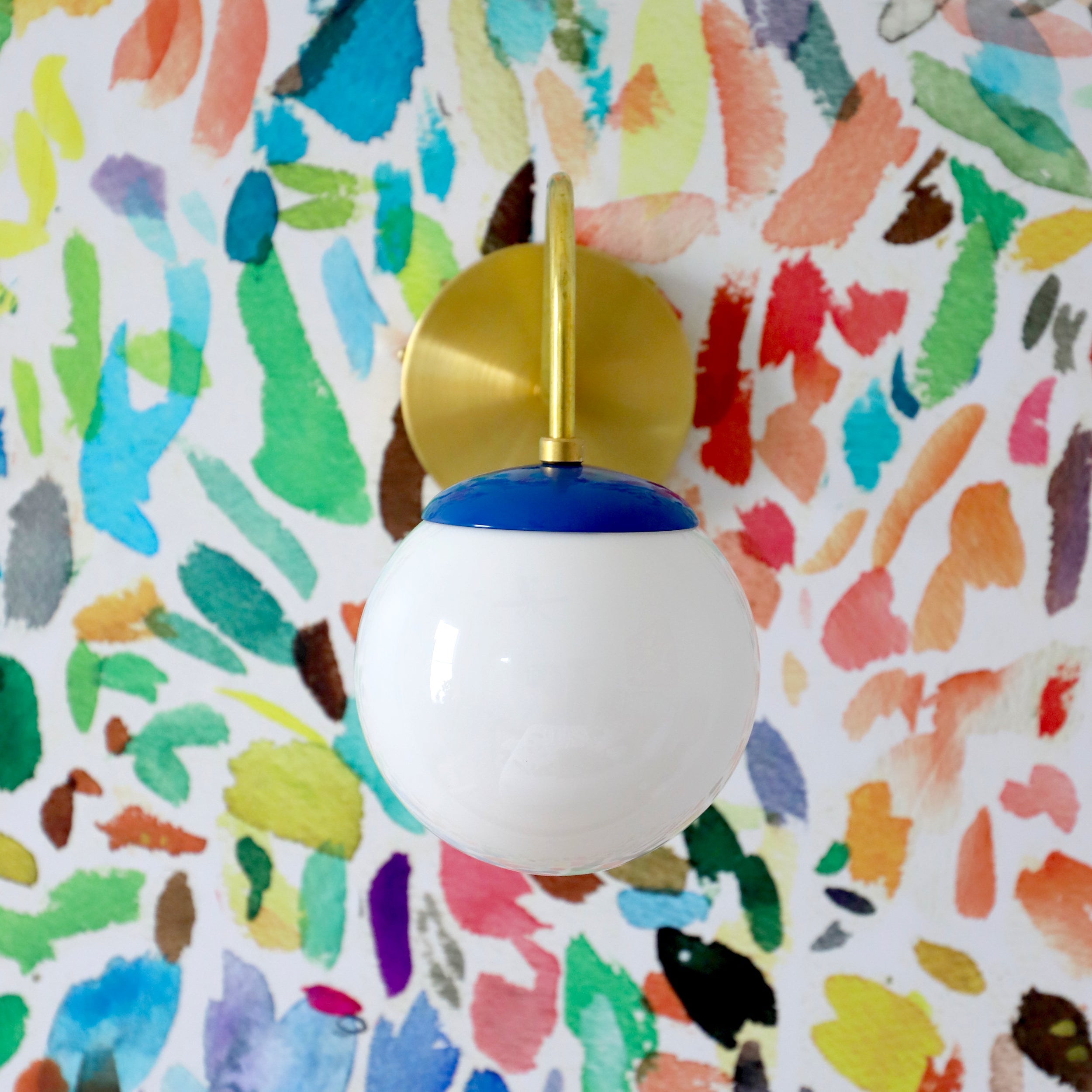 Brass Wall Lamp Sconce - Curved Arm with Handblown Frosted Glass