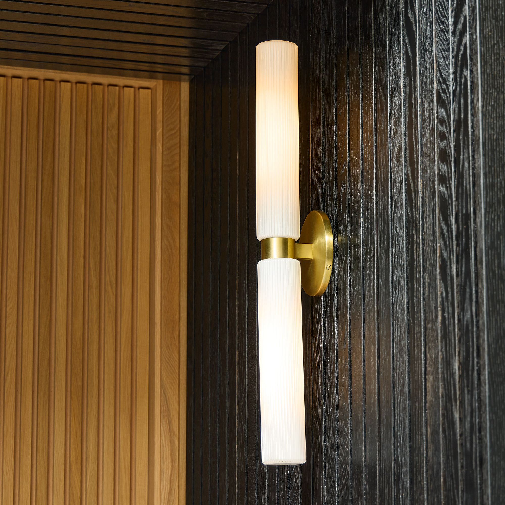 Rivora Modern Fluted Glass Wall Light - Double Short Indoor Outdoor Sconce