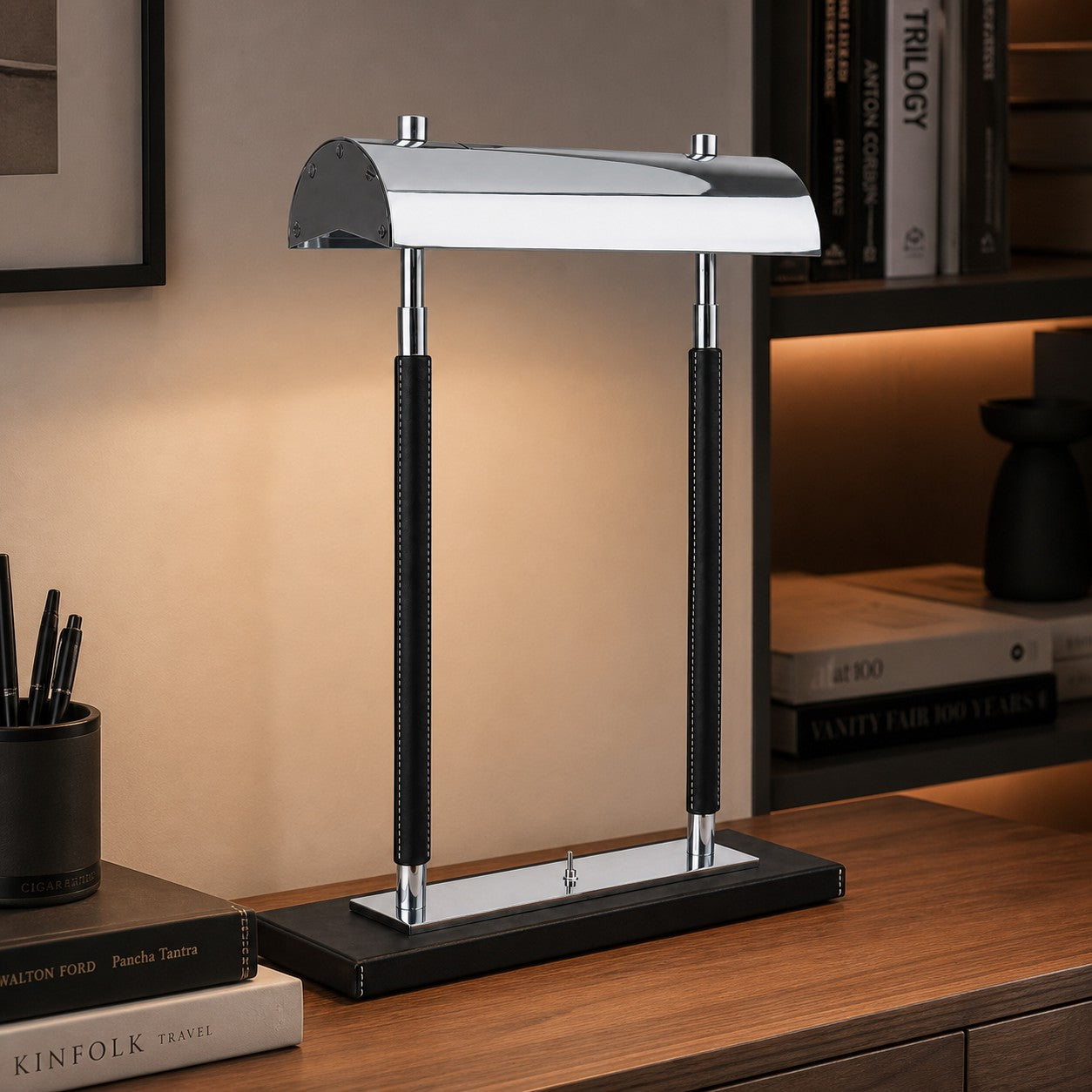 Black leather table lamp on a study desk