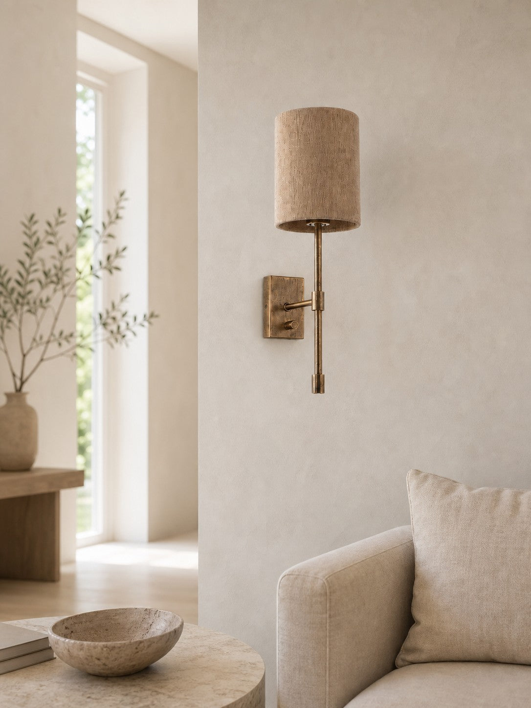 Atticus Fabric Shade Wall Sconce - Modern Brass Wall Light for Bedroom and Hallway