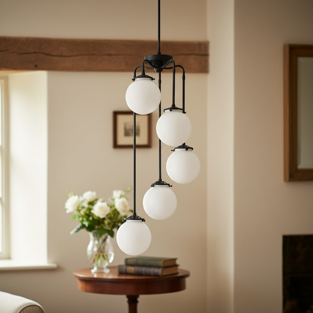 Glorica Glass 5 Globe Chandelier - Brass and Opal Glass Vintage Pendant Light