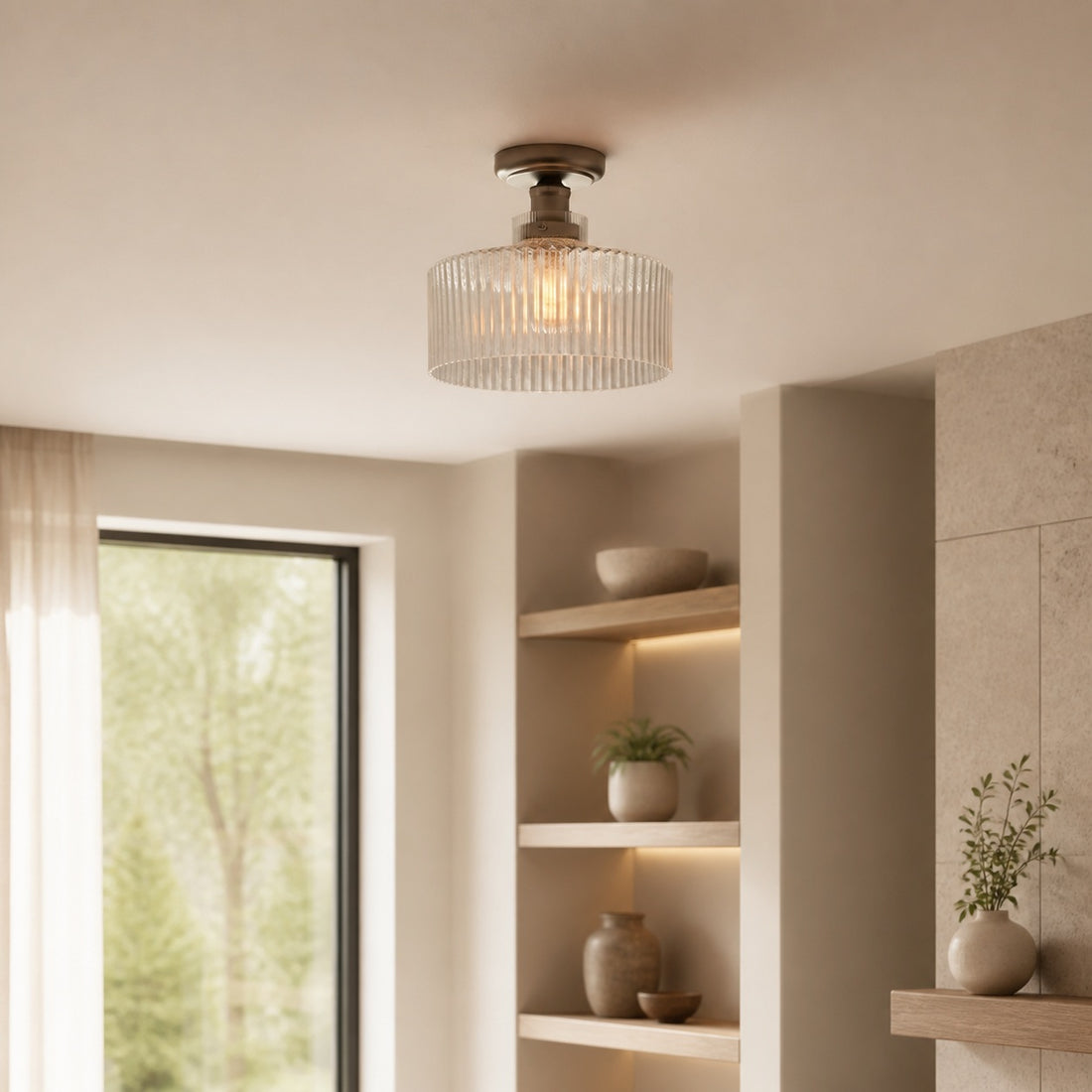 Ribora Vintage - Inspired Ribbed Glass Ceiling Lamp - Industrial Style Flush Mount for Modern Interiors U05