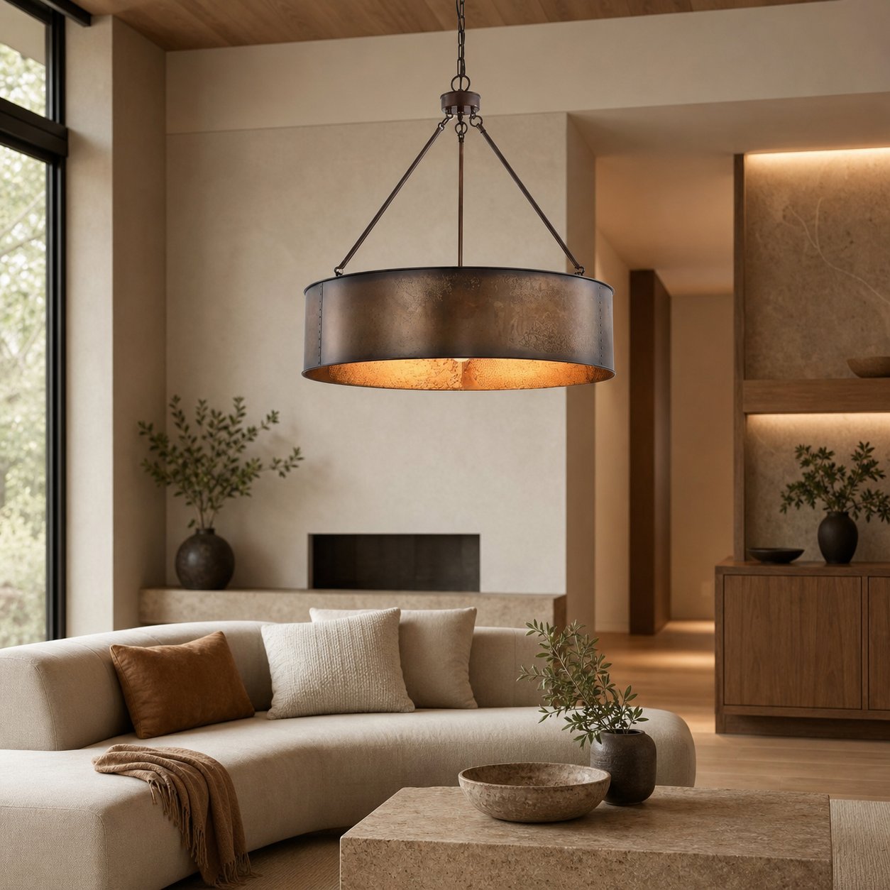 Velara Industrial Drum Shade Pendant Light – Industrial Style Hanging Fixture for Kitchen and Dining U04