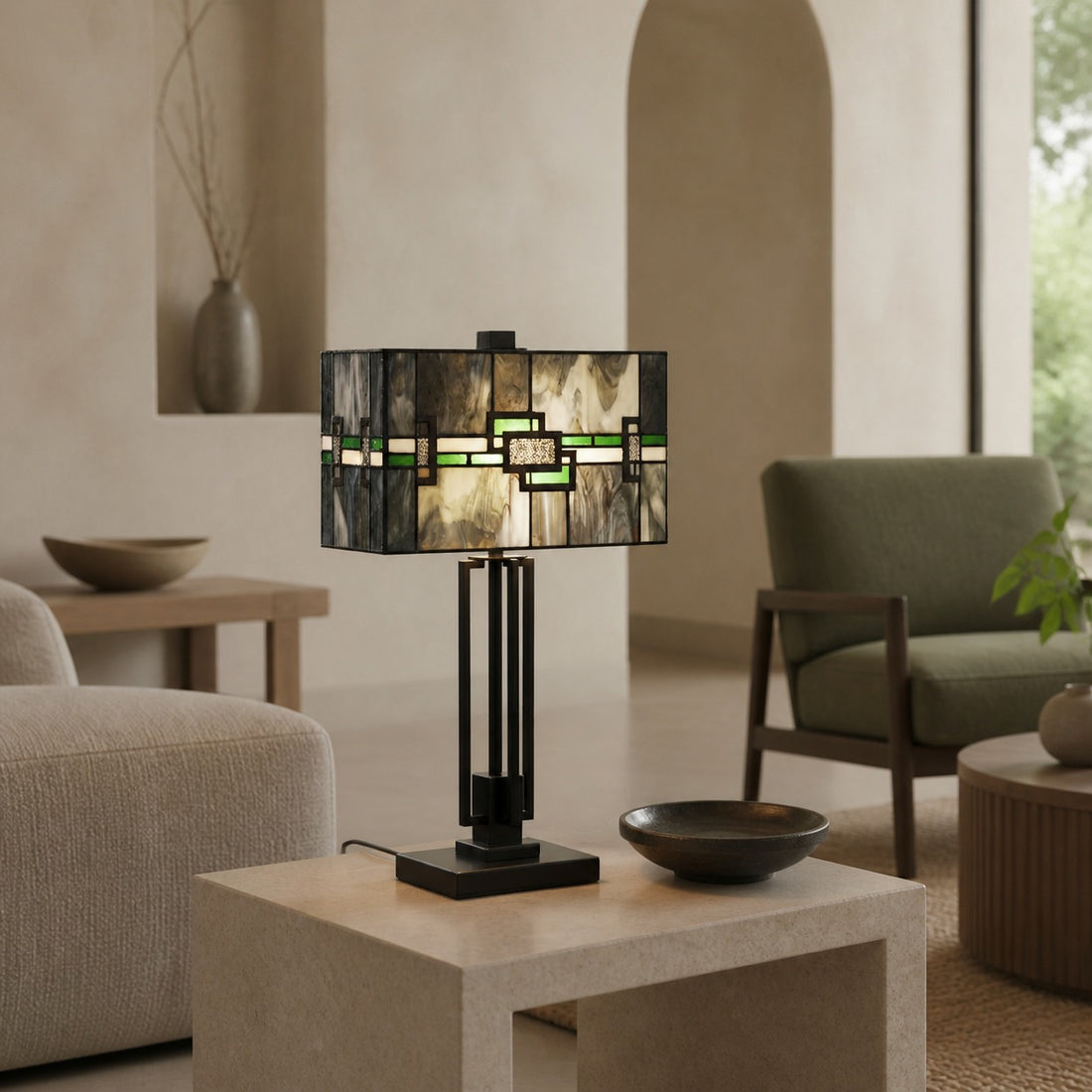 Culletto Stained-Glass Rectangular Table Lamp – Artisan Look for Bedrooms and Hallways