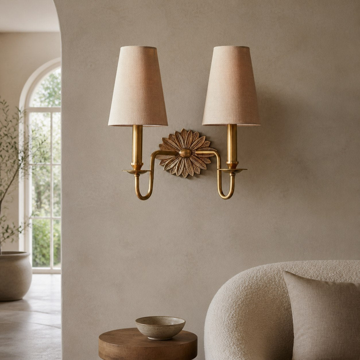 Duova Double Sconce – Antique Brass Metal and Linen Shades for Bedroom or Study