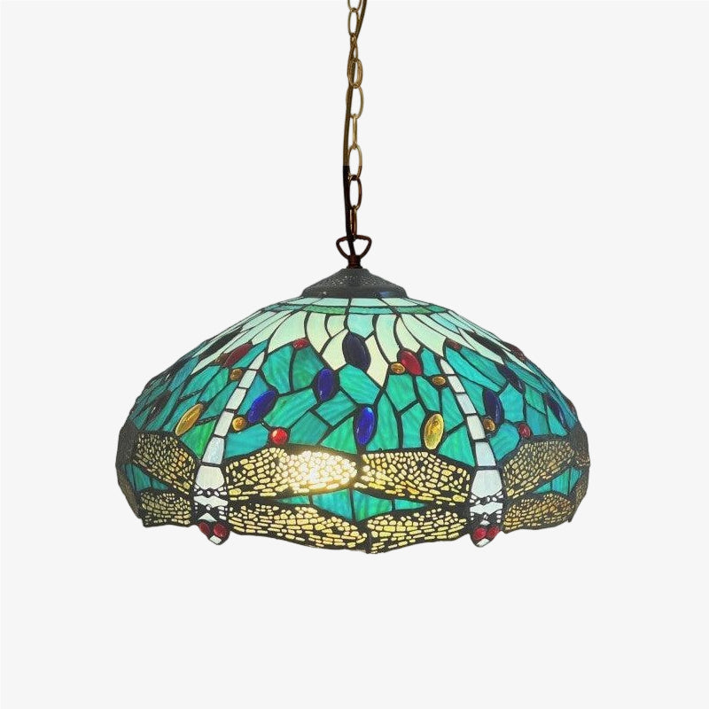 TF Dragonfly Blue Tiffany Pendant Light – Art Nouveau Stained Glass Pendant for Living