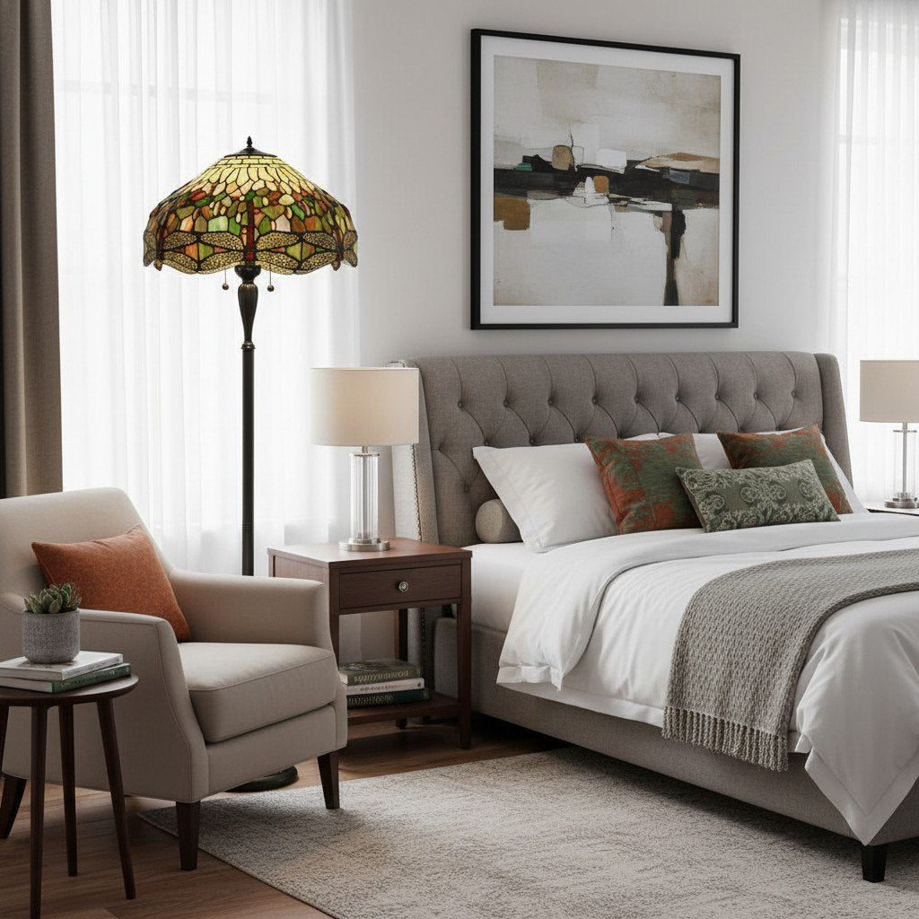 TF Dragonfly Motif Floor Lamp – Vintage Stained-Glass for Living Rooms