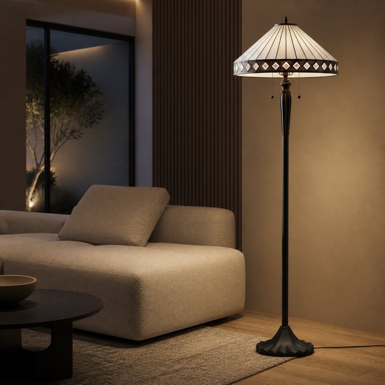 TF Fargo Geometric Tiffany Style Lamp — Amber and Cream Glass Accent Lighting for Bedroom or Study