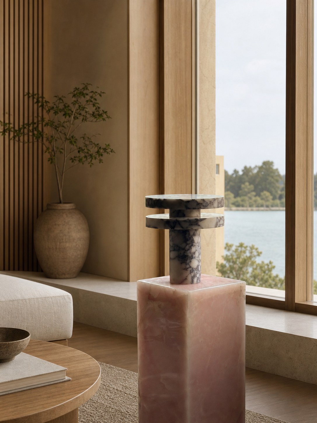 Modern Sculptural Table Lamp with Cylindrical Base Design for Bedroom Bedside and Living Room Use