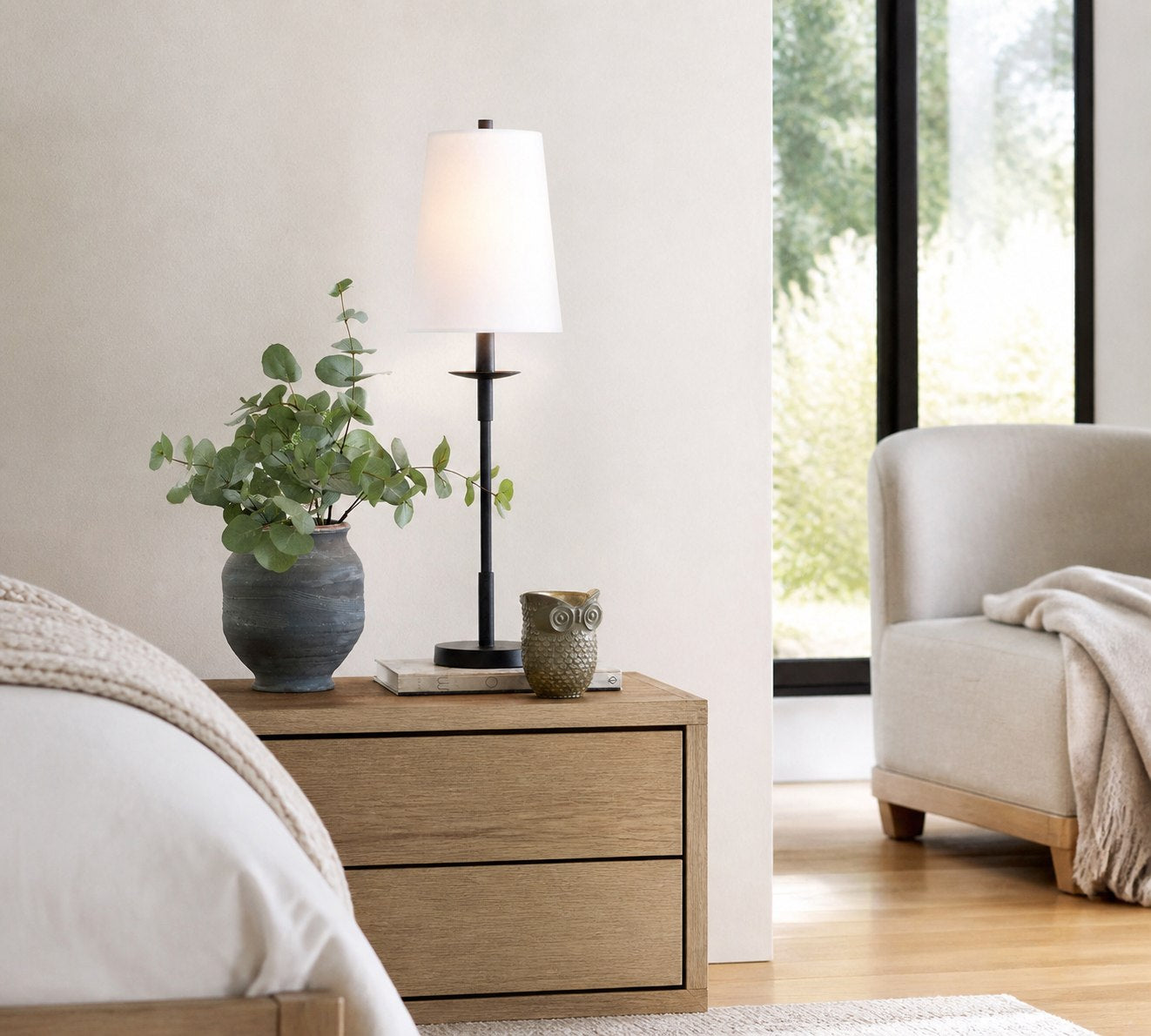 Rowan Modern Iron Table Lamp - Industrial Farmhouse Linen Bedside Reading Light