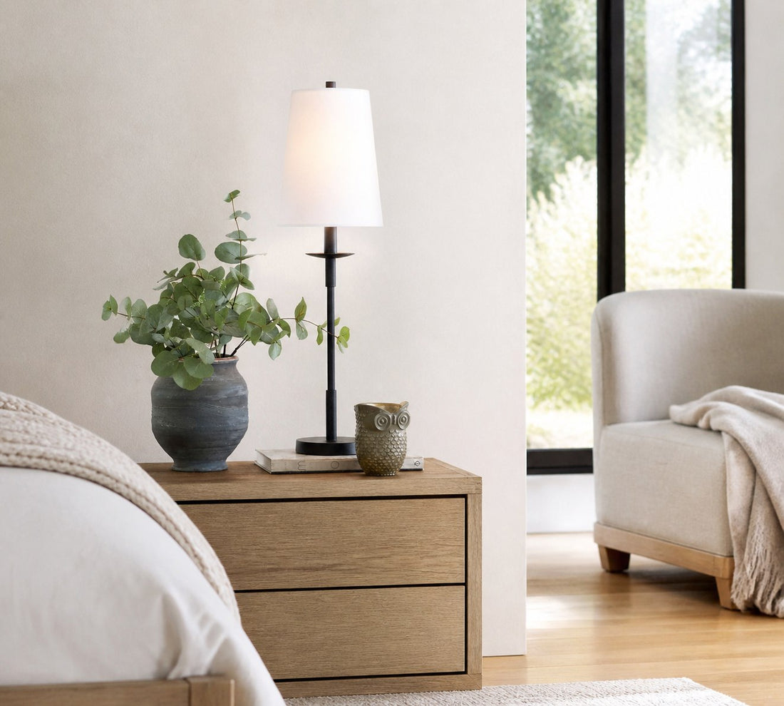 Rowan Modern Iron Table Lamp - Industrial Farmhouse Linen Bedside Reading Light