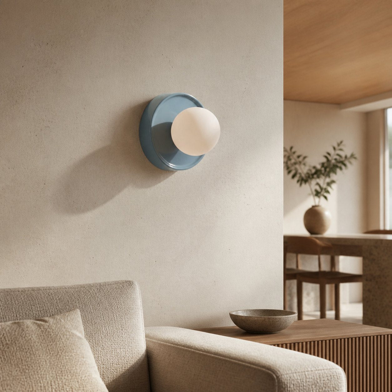 Solna Round Glass Wall Sconce with Ceramic Base—Minimalist Lighting for Bedroom or Hallway
