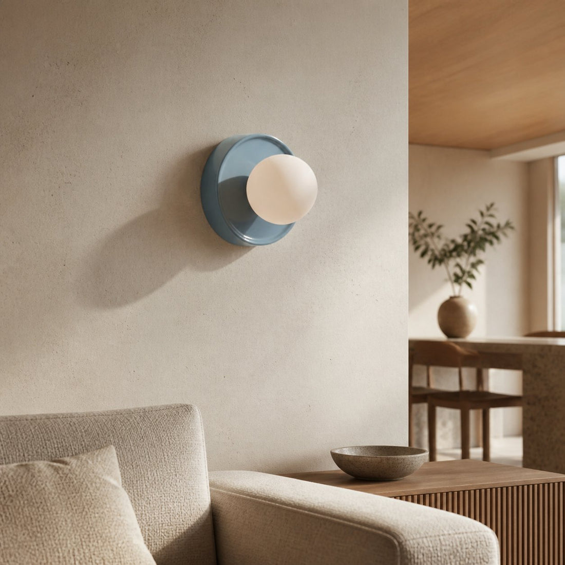 Solna Round Glass Wall Sconce with Ceramic Base—Minimalist Lighting for Bedroom or Hallway