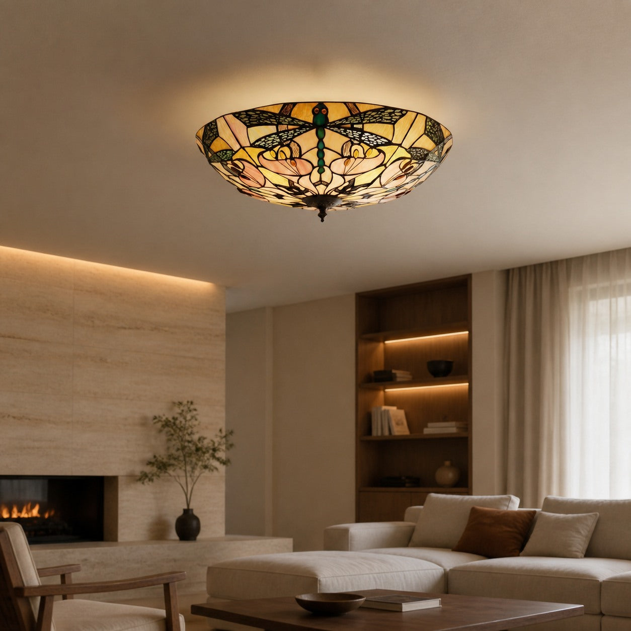 TF Ashton Tiffany Dragonfly Motif Tiffany Glass Flush Surface Mount - Transitional Style for Bedrooms and Lounge Spaces