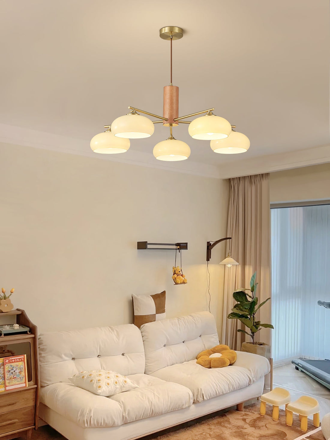 Bowl Shaped Multi - Head Chandelier With Wooden Decoration