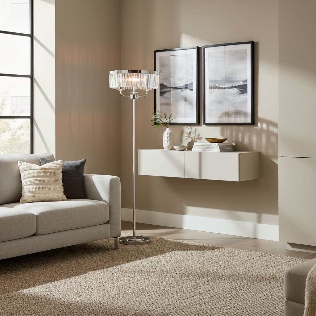 Beveline 3 Light Round Floor Lamp - Faceted Cut Glass Shades Classic Metal Finish For Living Rooms