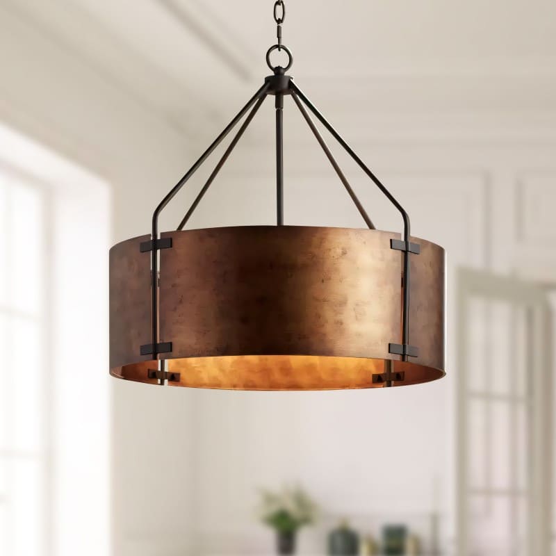 Industrial Bronze Drum Pendant Light – Rustic Metal 4 - Light Chandelier