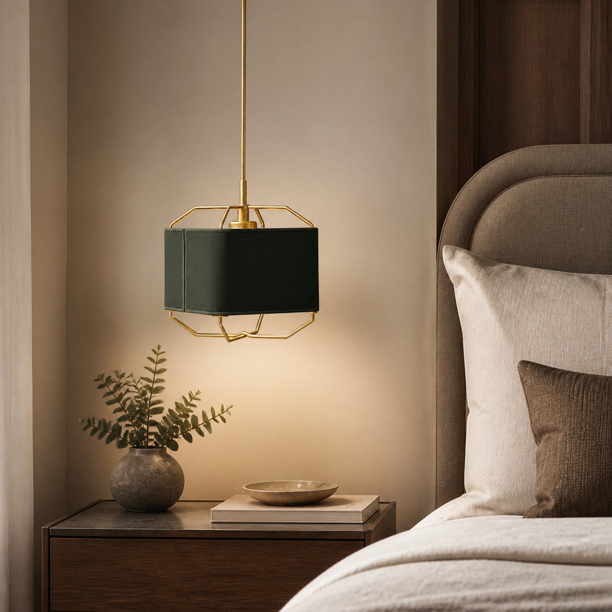 Dark green leather pendant lamp over a bedside table