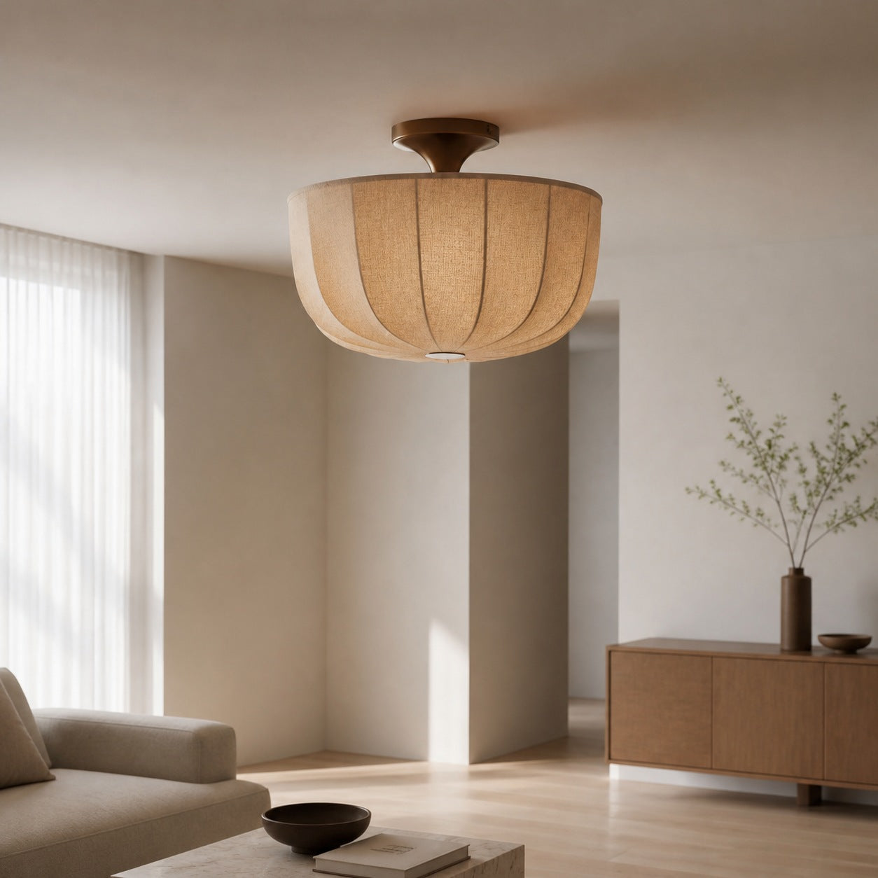 Loomis Flush Ceiling Lamp – Textured Linen Shade and Aged Brass Modern Ceiling Light for Living Rooms