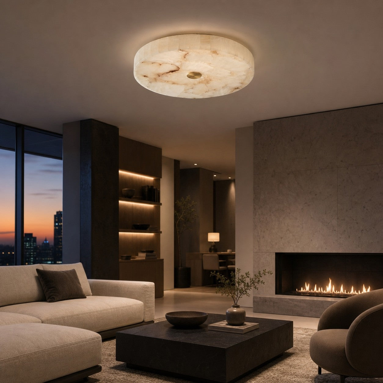 AlbaSphere Modern Round Ultra Thin Ceiling Lamp - Alabaster Contemporary Home Lighting