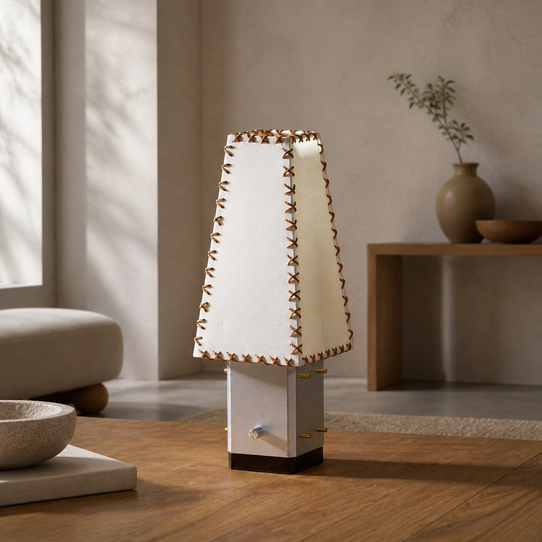 Modern Geometric Metal Table Lamp – Parchment Shade for Bedroom Nightstand Lighting