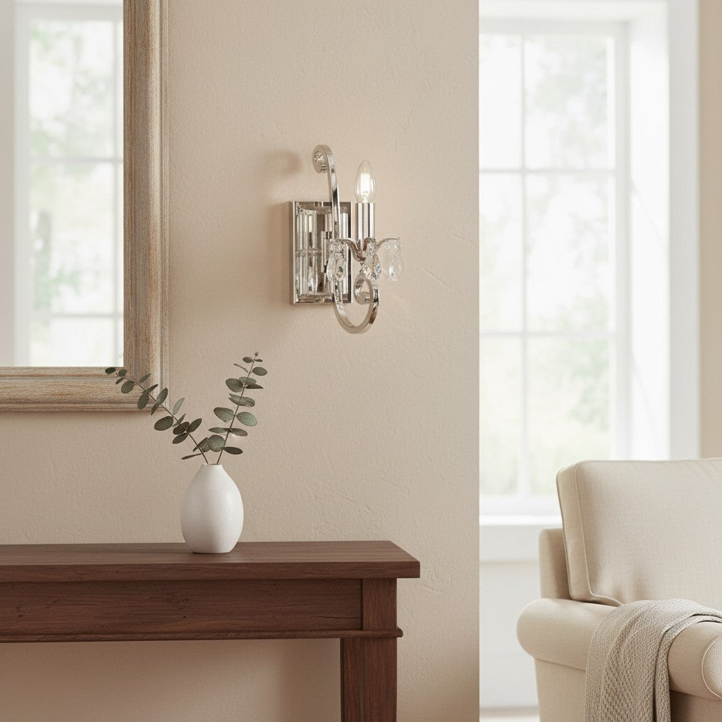 Talonis Crystal Accent Wall Light – Curved Chrome Arm Design for Living and Hallway Spaces