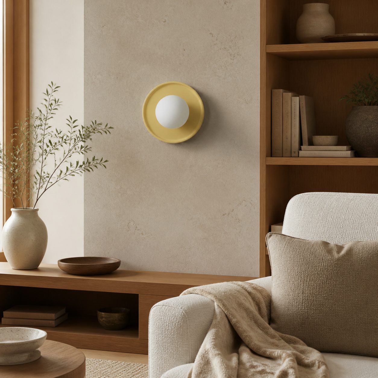 Solna Round Glass Wall Sconce with Ceramic Base—Minimalist Lighting for Bedroom or Hallway