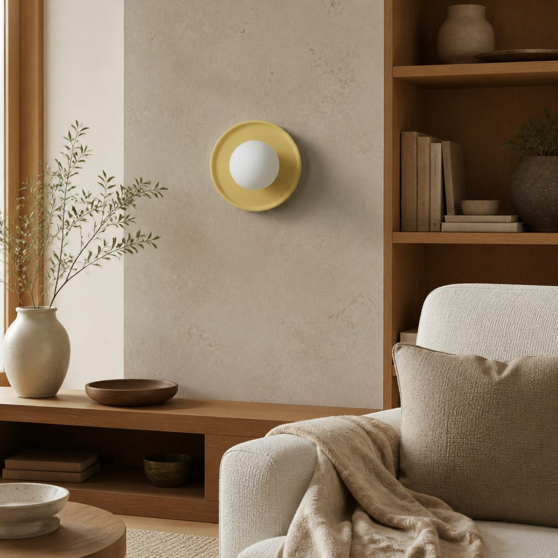 Solna Round Glass Wall Sconce with Ceramic Base—Minimalist Lighting for Bedroom or Hallway