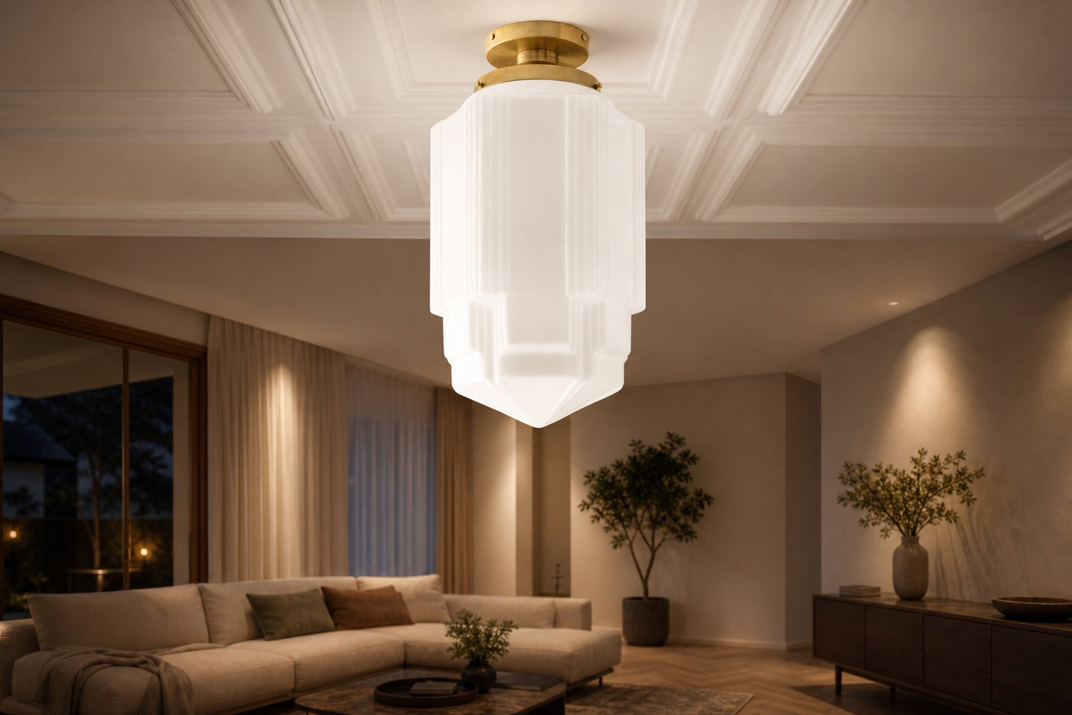 Geotower Glass Brass Pendant – Opal Globe Art Deco Hanging Light