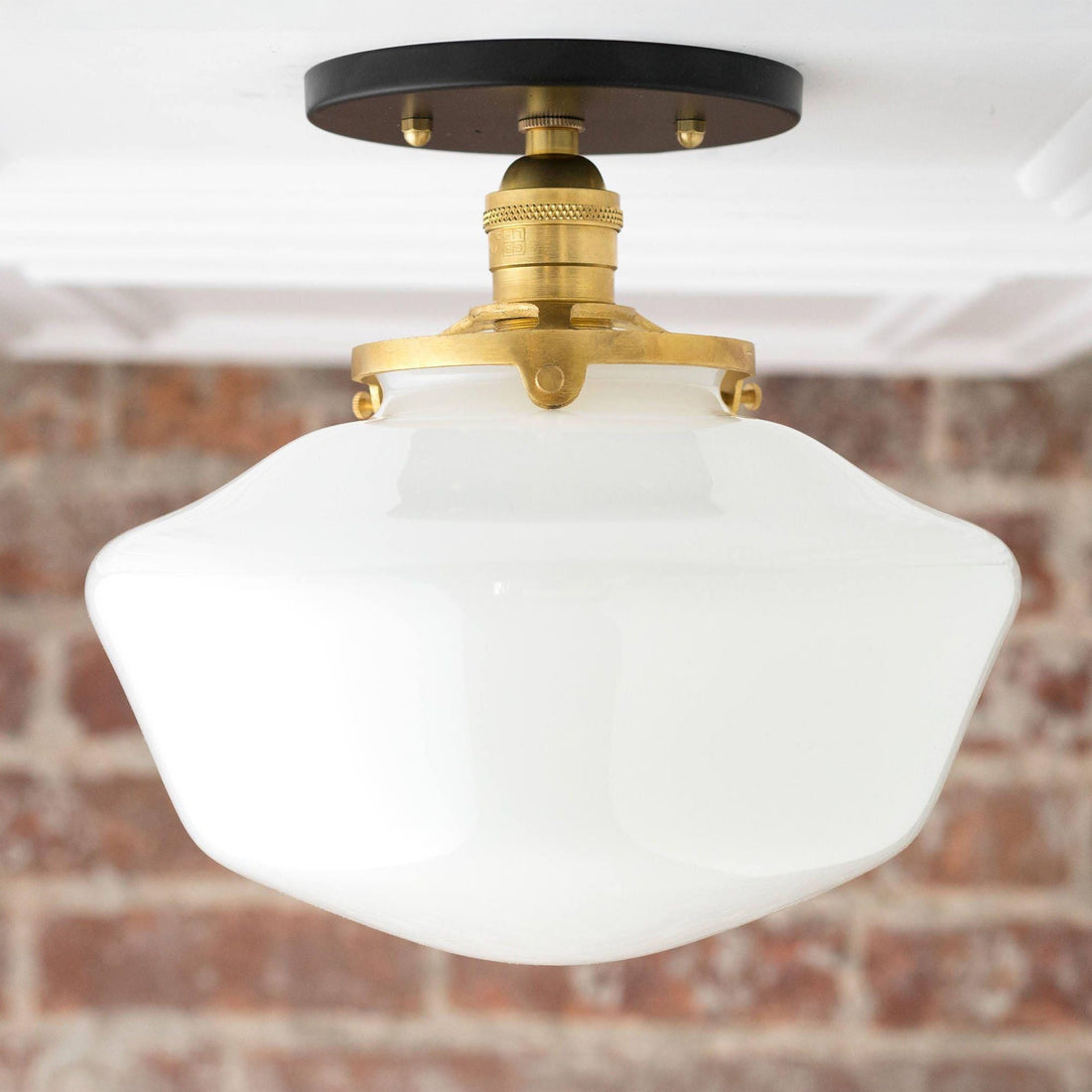 Geotower Glass Brass Ceiling Light - Opal Glass Schoolhouse Shade - Modern Elegance