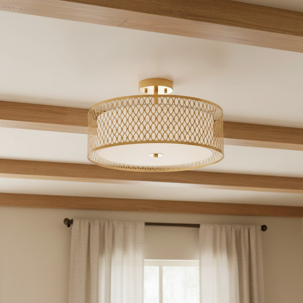 Liorin Geometric Mesh 3‑Light Flush Ceiling Light - Mesh Metal Frosted Glass Lamp for Living Room or Hallway