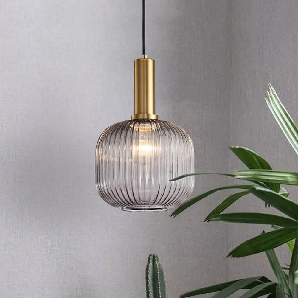 Ribbed Stained Glass Pendant Lamp – Retro Lantern Shape Hanging Light