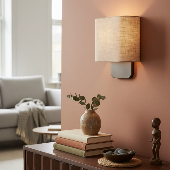 Nolvara Contemporary Fabric-Shade Wall Light – Minimalist Metal Fixture for Bedroom Hallway