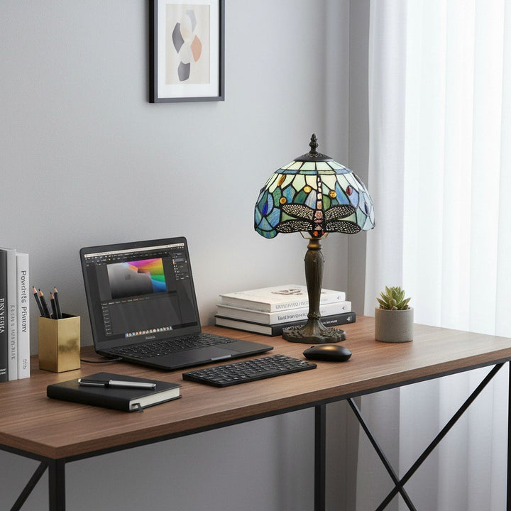 TF Dragonfly Hand-Cut Table Lamp – Vintage Stained Glass for Bedroom or Living Room