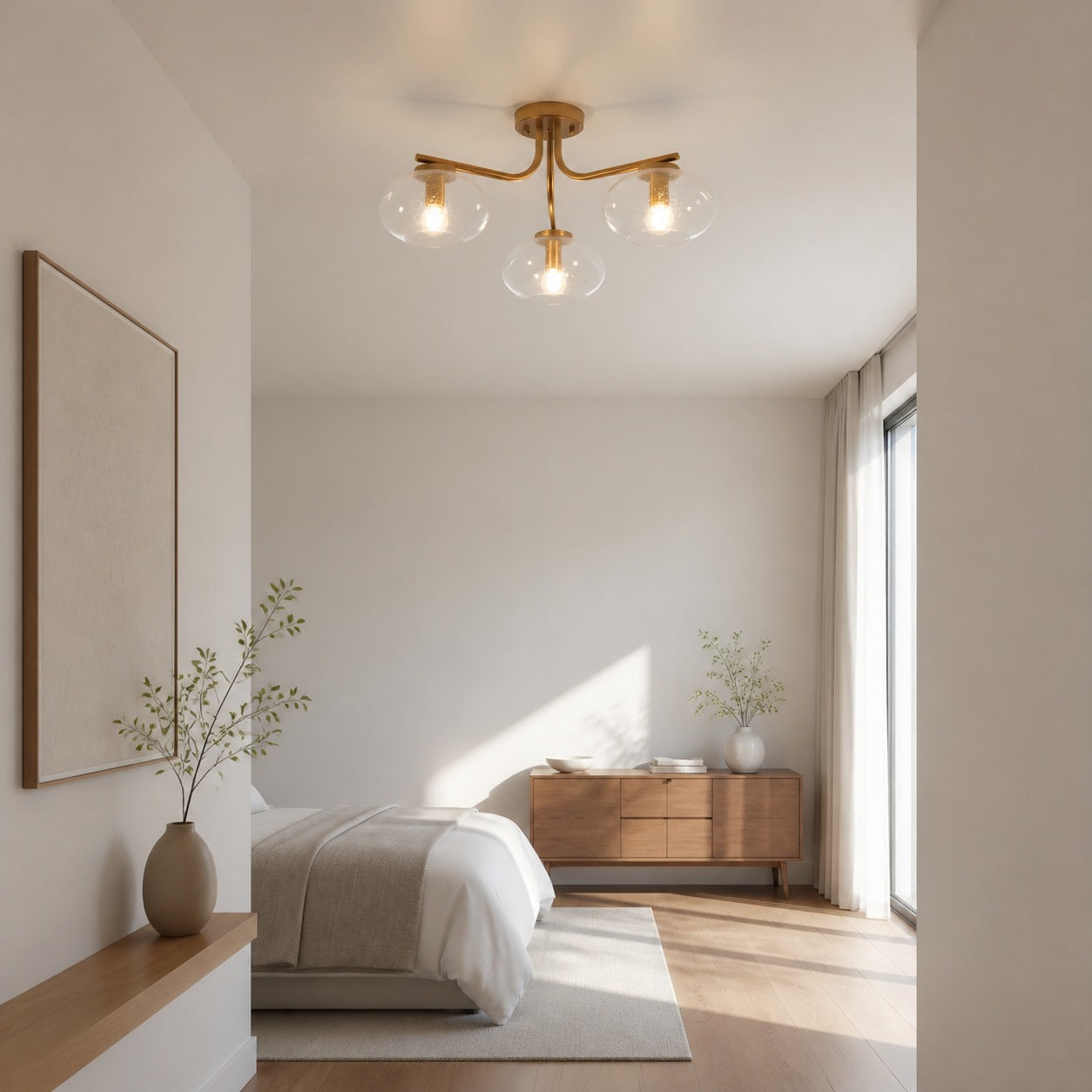 Bublaris Bubble-Glass Semi-Flush Ceiling Light - Curved Brass Arms for Living Room or Hallway