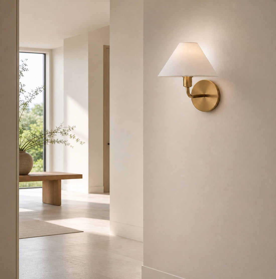 Gilda Fabric Drum Shade Wall Sconce - Modern Brass Accent Light for Bedroom and Hallway