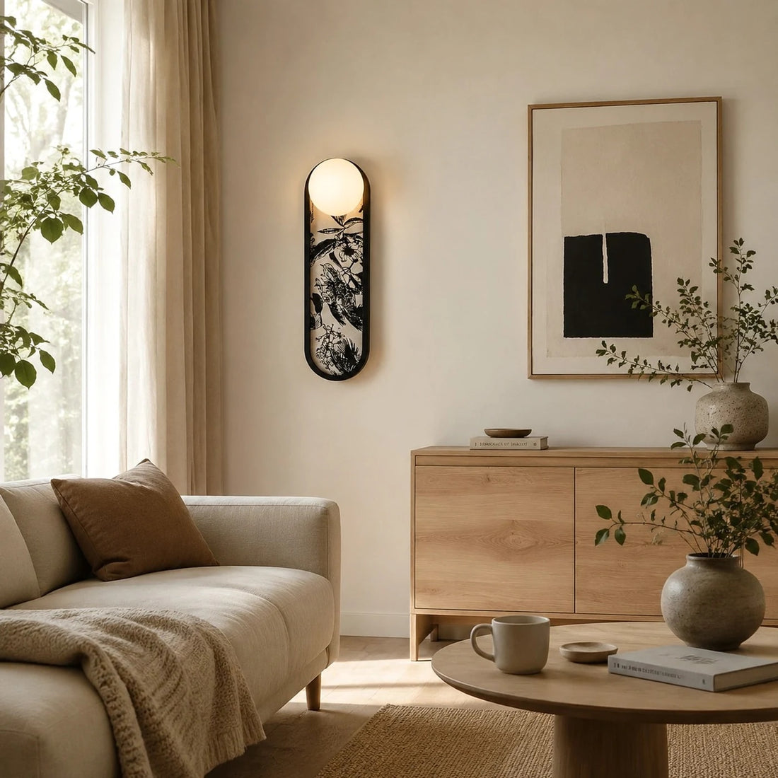 Fabric wall sconce above a console in a bright room