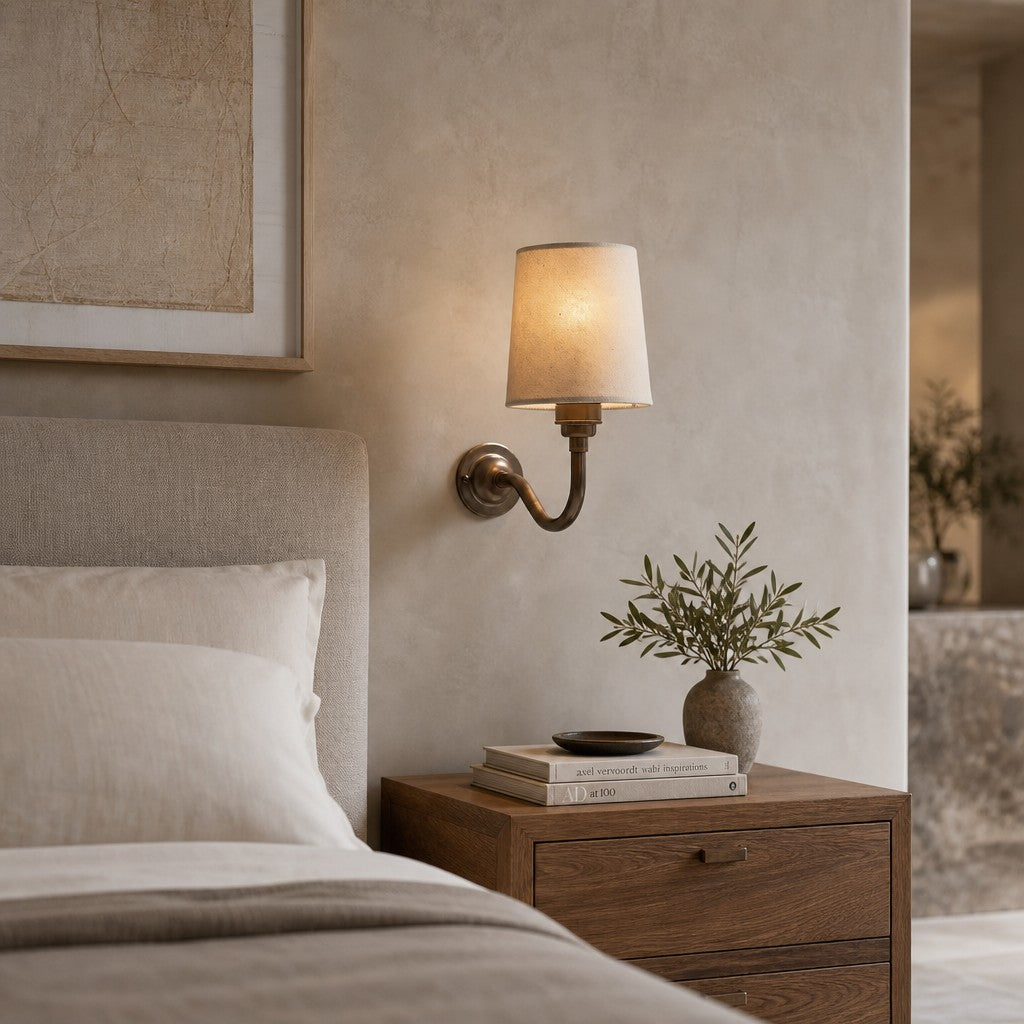 Solmire Fabric Wall Sconce - Vintage Linen Cotton Shade with Curved Metal Arm for Bedroom and Hallway