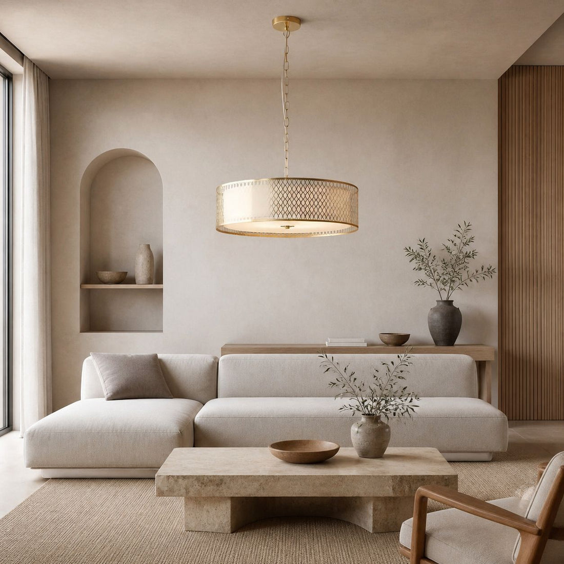 Liorin Geometric Pendant Lamp – Modern Fretwork Metal and Fabric Shade Pendant for Interiors